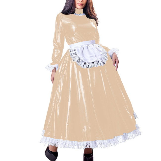 Sissy Sweet High Neck Long Sleeve Maxi Maid Dress with Lace Trim Shiny PVC Leather A-line French Maid Uniforms Halloween Cosplay