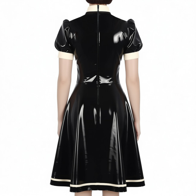 Fetish Latex-look PVC French Mid Maid Dress Puff Short Sleeve Ruffle High Collar Party A-Line Dress Halloween Cosplay Outfit