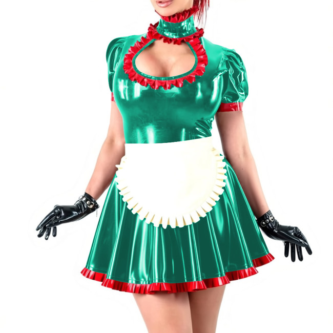 Novetly Sexy Ruffle Trim Mini Dress Wetlook PVC Hollow A-line Pleated Dress with White Apron for Carnival Party Role Play Outfit