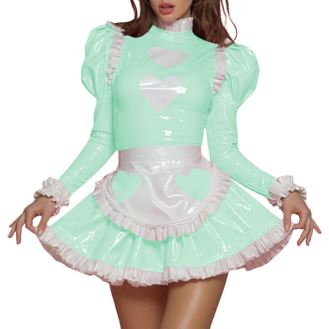 Womens Sissy Sweet PVC Shiny Leather Maid Uniform Heart Print Puff Long Sleeve Ruffle Trim Mini Dress Apron Set Role Play Outfit