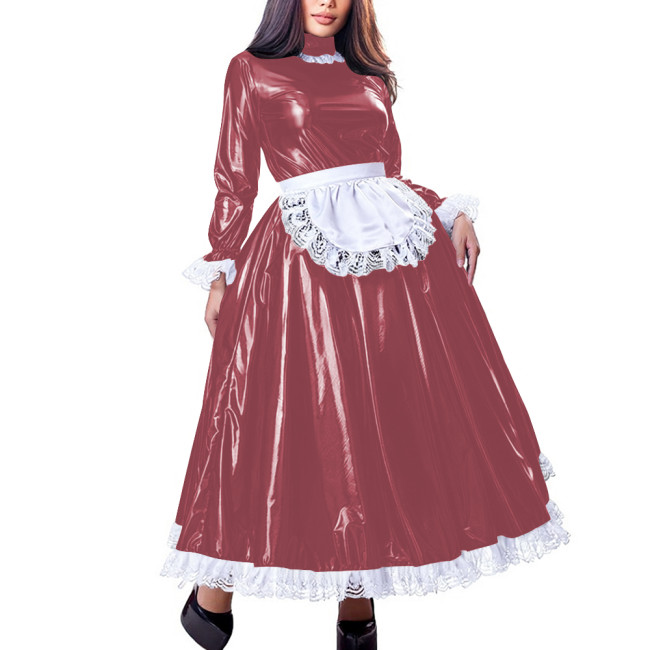 Sissy Sweet High Neck Long Sleeve Maxi Maid Dress with Lace Trim Shiny PVC Leather A-line French Maid Uniforms Halloween Cosplay