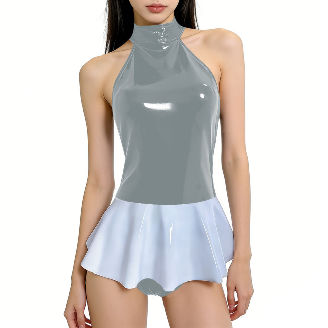 Sexy PVC Patent Leather Ruffles Bodysuit Club Halter Backless Glossy One-Piece Leotard Womens Clothing Party Sleeveless Rompers