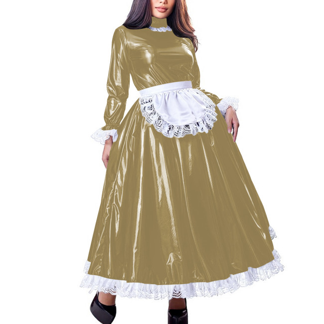 Sissy Sweet High Neck Long Sleeve Maxi Maid Dress with Lace Trim Shiny PVC Leather A-line French Maid Uniforms Halloween Cosplay