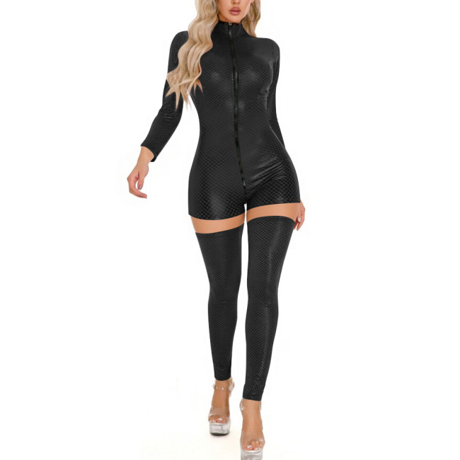 Women's Sexy Club 2 Piece Outfit Long Sleeve High Neck Front Zipper Romper with Detachable Leggings for Party Clubwear Role Play