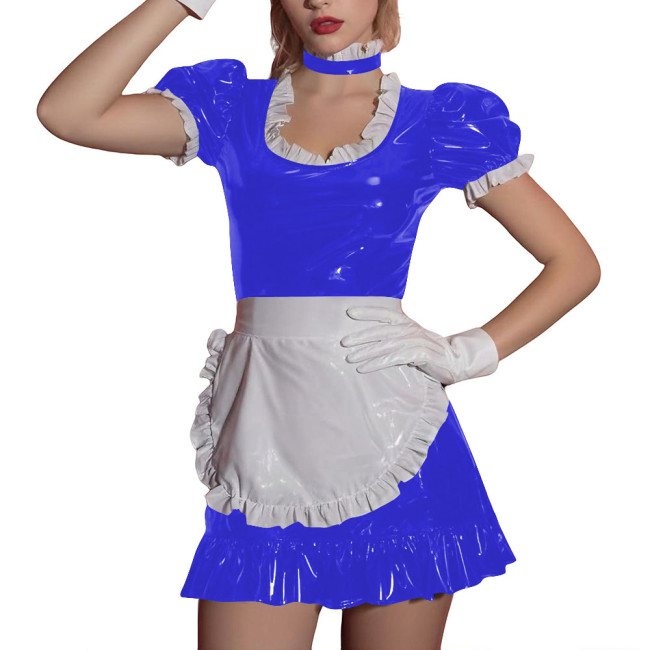 Women Sissy Ruffles Maid Uniforms Lockable French PVC Shiny Leather Maid Dress Outfits Crossdress Party Club Roleplay Costume