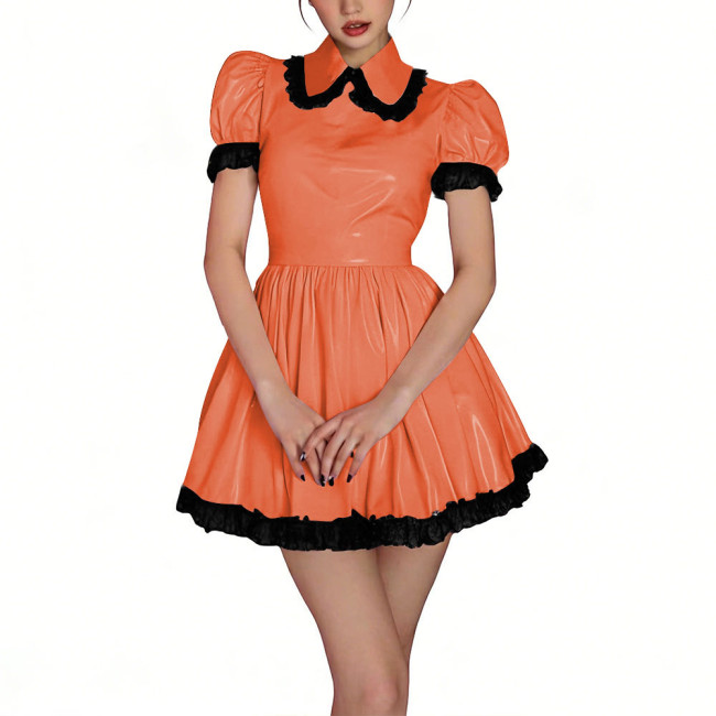 Womens Shiny PVC High Waist Pleated Mini Dress with Black Lace Trim Puff Sleeve Glossy Lolita Style Short Robe for Cosplay Party