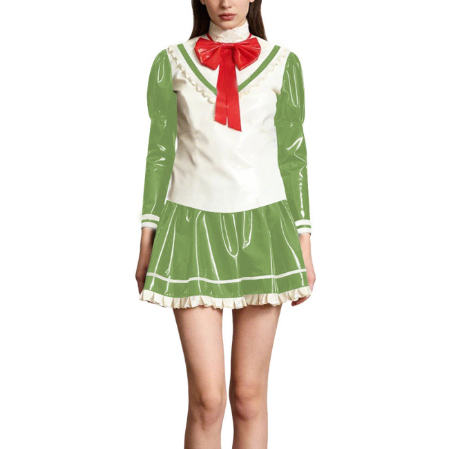Kawaii Lolita Style Shiny PVC Sailor Dress Outfits Patchwork Long Sleeve Back Zip Bow Top Pleated Mini Skirt Halloween Cosplay