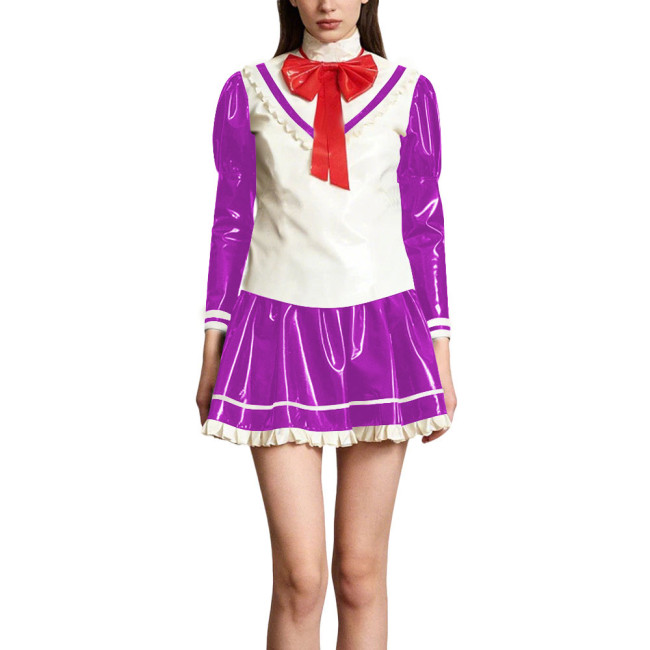 Kawaii Lolita Style Shiny PVC Sailor Dress Outfits Patchwork Long Sleeve Back Zip Bow Top Pleated Mini Skirt Halloween Cosplay