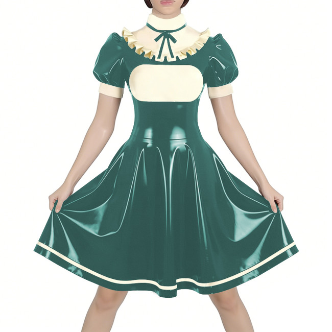 Fetish Latex-look PVC French Mid Maid Dress Puff Short Sleeve Ruffle High Collar Party A-Line Dress Halloween Cosplay Outfit