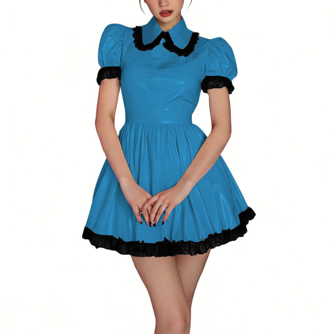 Womens Shiny PVC High Waist Pleated Mini Dress with Black Lace Trim Puff Sleeve Glossy Lolita Style Short Robe for Cosplay Party