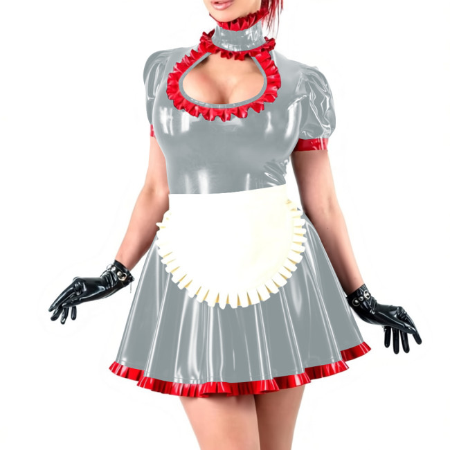 Novetly Sexy Ruffle Trim Mini Dress Wetlook PVC Hollow A-line Pleated Dress with White Apron for Carnival Party Role Play Outfit