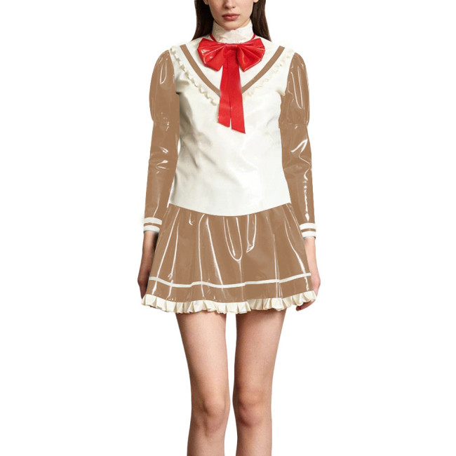 Kawaii Lolita Style Shiny PVC Sailor Dress Outfits Patchwork Long Sleeve Back Zip Bow Top Pleated Mini Skirt Halloween Cosplay