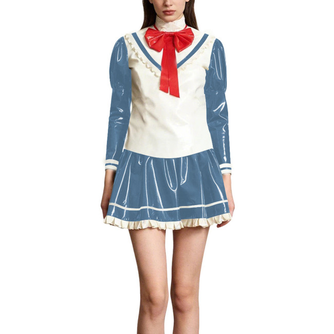 Kawaii Lolita Style Shiny PVC Sailor Dress Outfits Patchwork Long Sleeve Back Zip Bow Top Pleated Mini Skirt Halloween Cosplay