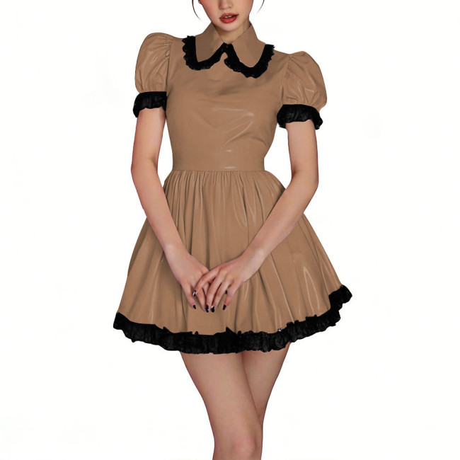 Womens Shiny PVC High Waist Pleated Mini Dress with Black Lace Trim Puff Sleeve Glossy Lolita Style Short Robe for Cosplay Party