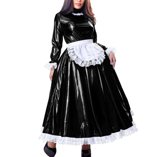 Sissy Sweet High Neck Long Sleeve Maxi Maid Dress with Lace Trim Shiny PVC Leather A-line French Maid Uniforms Halloween Cosplay