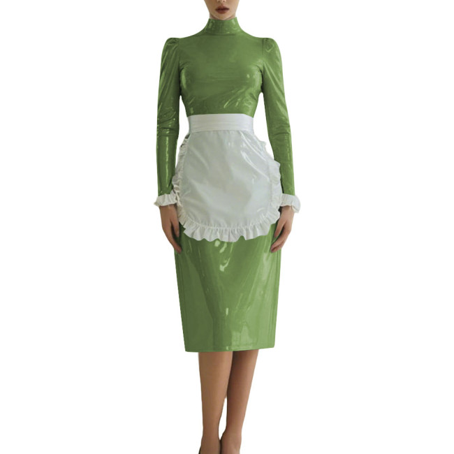 Sissy Shiny French Maid Cosplay Outfit Long Sleeve PVC Glossy Leather Knee-length Maid Dress with Apron Fetish Cosplay Costume