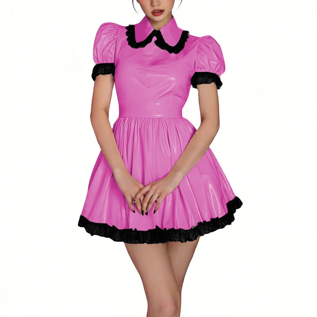 Womens Shiny PVC High Waist Pleated Mini Dress with Black Lace Trim Puff Sleeve Glossy Lolita Style Short Robe for Cosplay Party