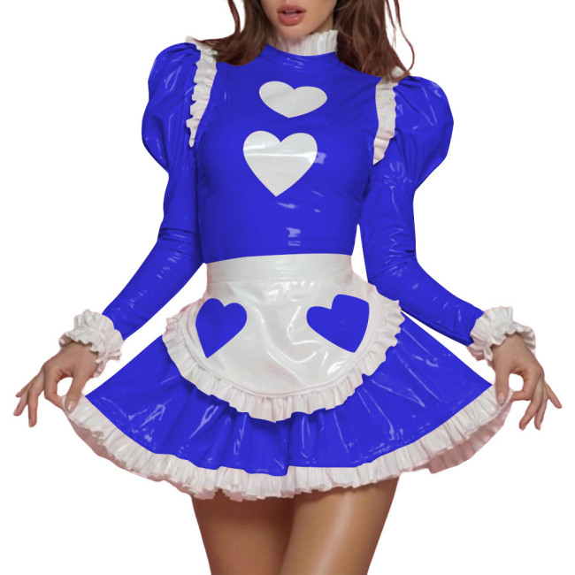 Womens Sissy Sweet PVC Shiny Leather Maid Uniform Heart Print Puff Long Sleeve Ruffle Trim Mini Dress Apron Set Role Play Outfit