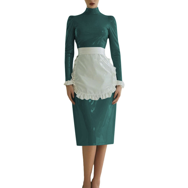 Sissy Shiny French Maid Cosplay Outfit Long Sleeve PVC Glossy Leather Knee-length Maid Dress with Apron Fetish Cosplay Costume