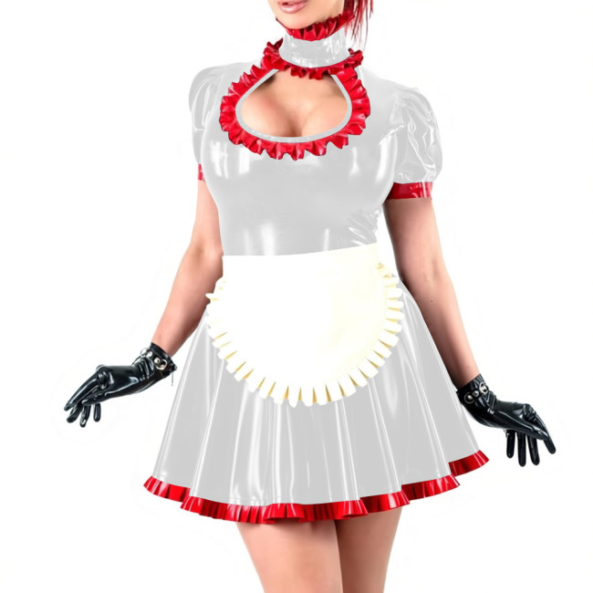 Novetly Sexy Ruffle Trim Mini Dress Wetlook PVC Hollow A-line Pleated Dress with White Apron for Carnival Party Role Play Outfit