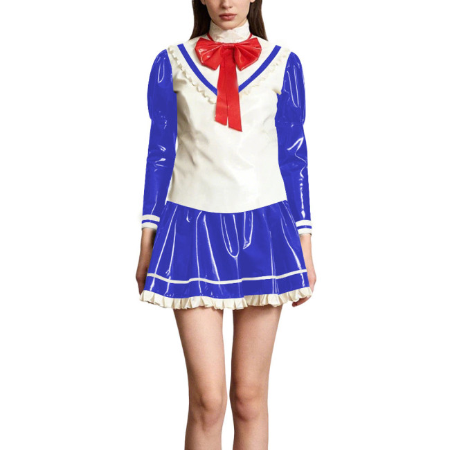 Kawaii Lolita Style Shiny PVC Sailor Dress Outfits Patchwork Long Sleeve Back Zip Bow Top Pleated Mini Skirt Halloween Cosplay