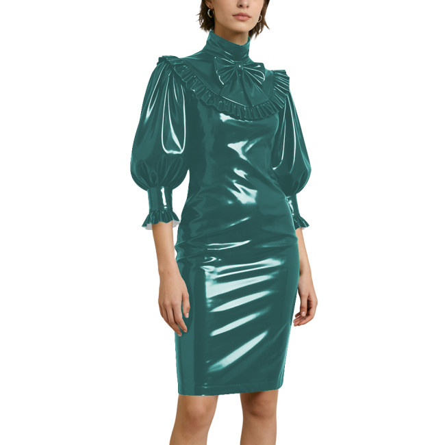 Women's Elegant Half Sleeve Pencil Dress Lockable Coctail Party Midi Pencil Dresses PVC Shiny Leather Bow Bodycon Dress Clubwear