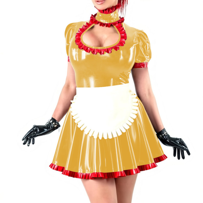 Novetly Sexy Ruffle Trim Mini Dress Wetlook PVC Hollow A-line Pleated Dress with White Apron for Carnival Party Role Play Outfit