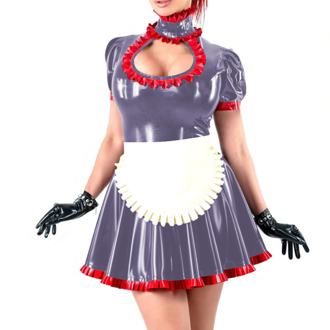 Novetly Sexy Ruffle Trim Mini Dress Wetlook PVC Hollow A-line Pleated Dress with White Apron for Carnival Party Role Play Outfit