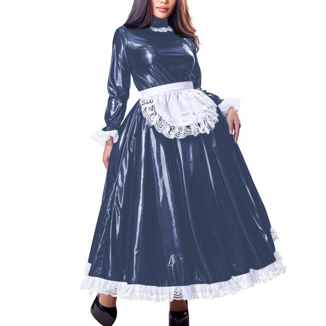Sissy Sweet High Neck Long Sleeve Maxi Maid Dress with Lace Trim Shiny PVC Leather A-line French Maid Uniforms Halloween Cosplay
