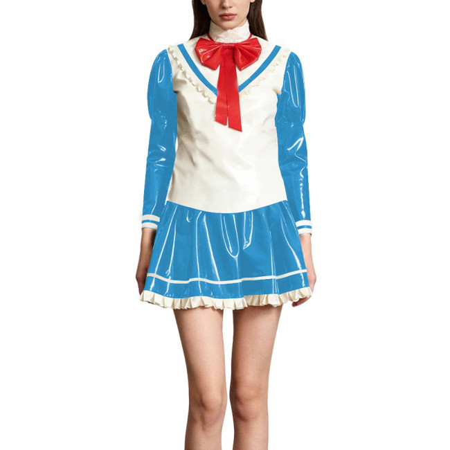Kawaii Lolita Style Shiny PVC Sailor Dress Outfits Patchwork Long Sleeve Back Zip Bow Top Pleated Mini Skirt Halloween Cosplay