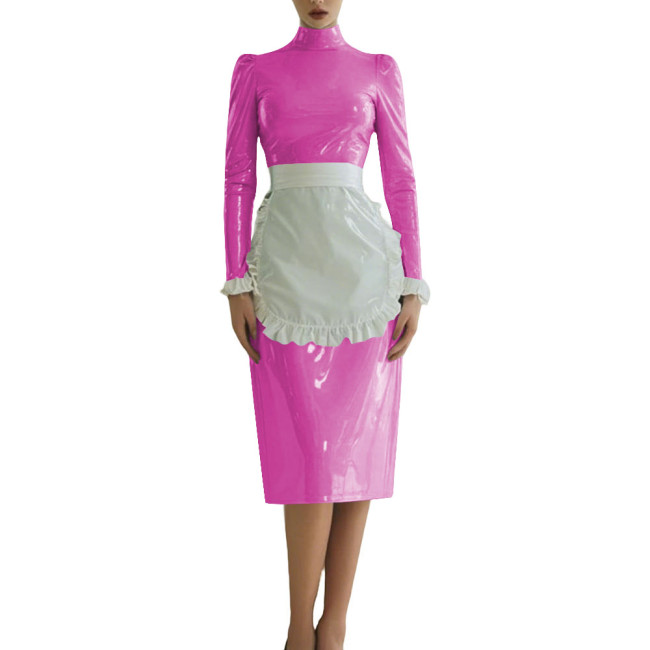 Sissy Shiny French Maid Cosplay Outfit Long Sleeve PVC Glossy Leather Knee-length Maid Dress with Apron Fetish Cosplay Costume