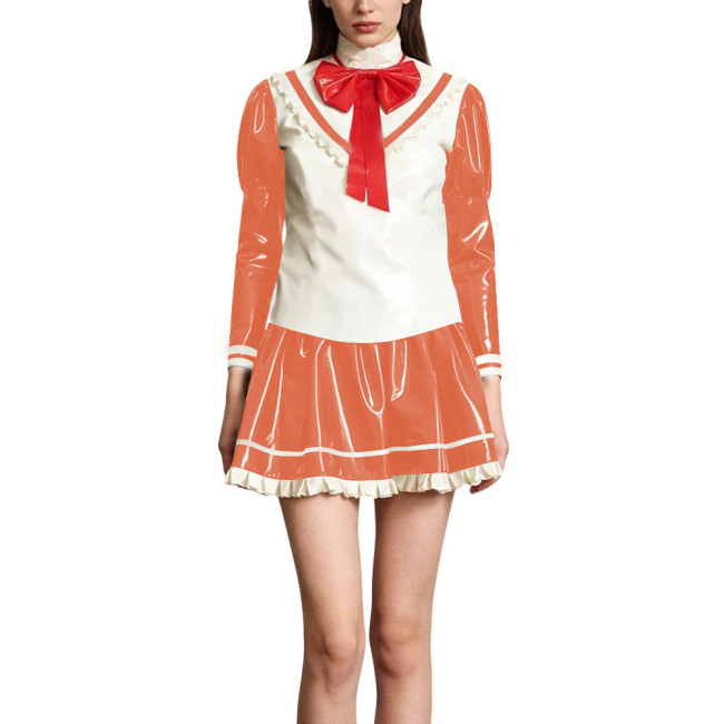 Kawaii Lolita Style Shiny PVC Sailor Dress Outfits Patchwork Long Sleeve Back Zip Bow Top Pleated Mini Skirt Halloween Cosplay