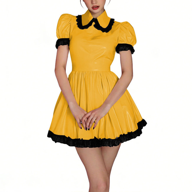 Womens Shiny PVC High Waist Pleated Mini Dress with Black Lace Trim Puff Sleeve Glossy Lolita Style Short Robe for Cosplay Party