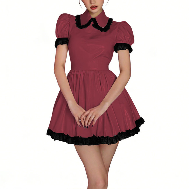 Womens Shiny PVC High Waist Pleated Mini Dress with Black Lace Trim Puff Sleeve Glossy Lolita Style Short Robe for Cosplay Party