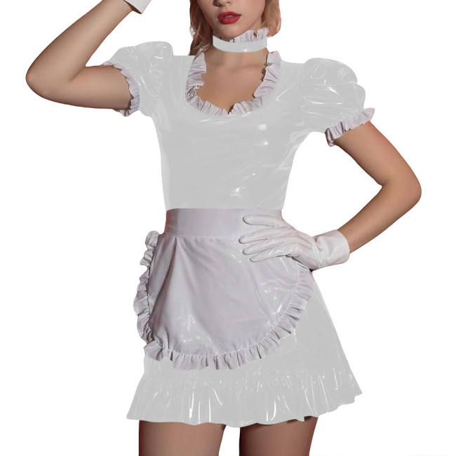 Women Sissy Ruffles Maid Uniforms Lockable French PVC Shiny Leather Maid Dress Outfits Crossdress Party Club Roleplay Costume