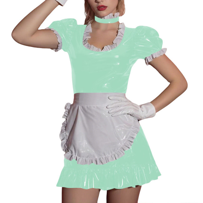 Women Sissy Ruffles Maid Uniforms Lockable French PVC Shiny Leather Maid Dress Outfits Crossdress Party Club Roleplay Costume