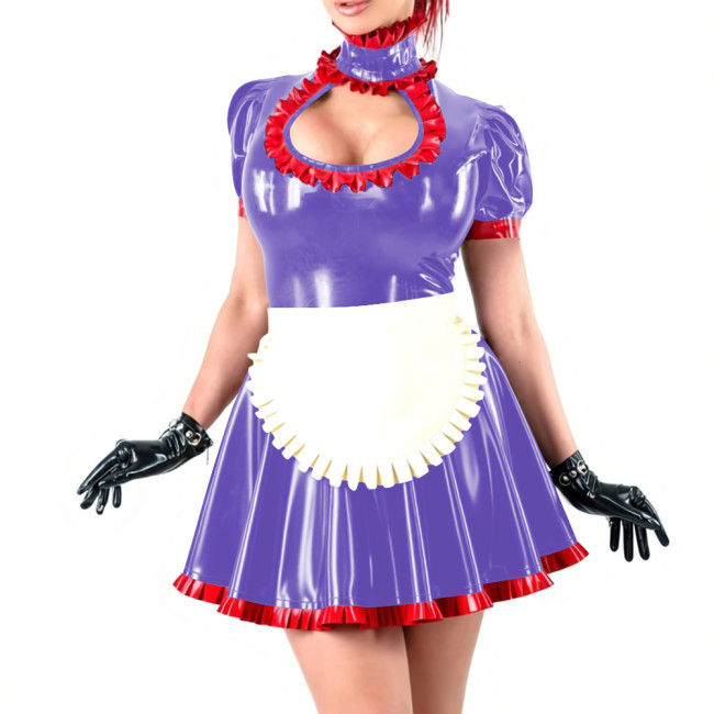 Novetly Sexy Ruffle Trim Mini Dress Wetlook PVC Hollow A-line Pleated Dress with White Apron for Carnival Party Role Play Outfit