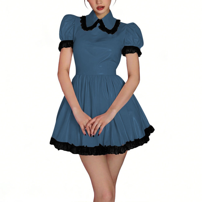 Womens Shiny PVC High Waist Pleated Mini Dress with Black Lace Trim Puff Sleeve Glossy Lolita Style Short Robe for Cosplay Party