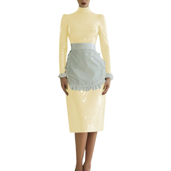Sissy Shiny French Maid Cosplay Outfit Long Sleeve PVC Glossy Leather Knee-length Maid Dress with Apron Fetish Cosplay Costume