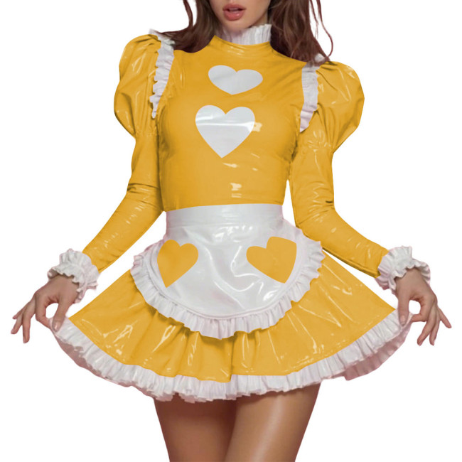 Womens Sissy Sweet PVC Shiny Leather Maid Uniform Heart Print Puff Long Sleeve Ruffle Trim Mini Dress Apron Set Role Play Outfit