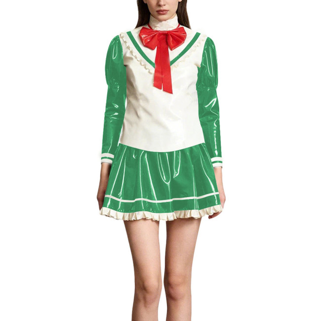 Kawaii Lolita Style Shiny PVC Sailor Dress Outfits Patchwork Long Sleeve Back Zip Bow Top Pleated Mini Skirt Halloween Cosplay