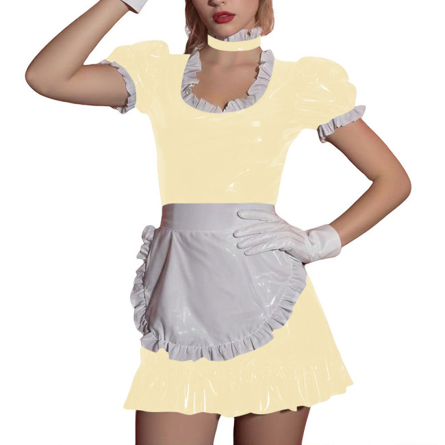 Women Sissy Ruffles Maid Uniforms Lockable French PVC Shiny Leather Maid Dress Outfits Crossdress Party Club Roleplay Costume