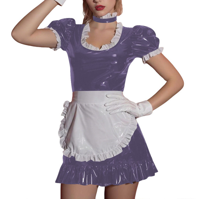 Women Sissy Ruffles Maid Uniforms Lockable French PVC Shiny Leather Maid Dress Outfits Crossdress Party Club Roleplay Costume