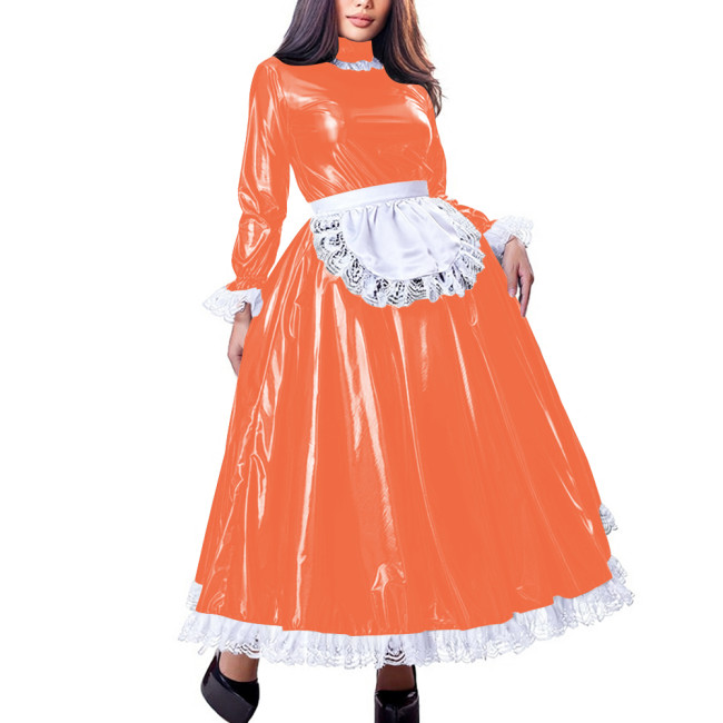 Sissy Sweet High Neck Long Sleeve Maxi Maid Dress with Lace Trim Shiny PVC Leather A-line French Maid Uniforms Halloween Cosplay