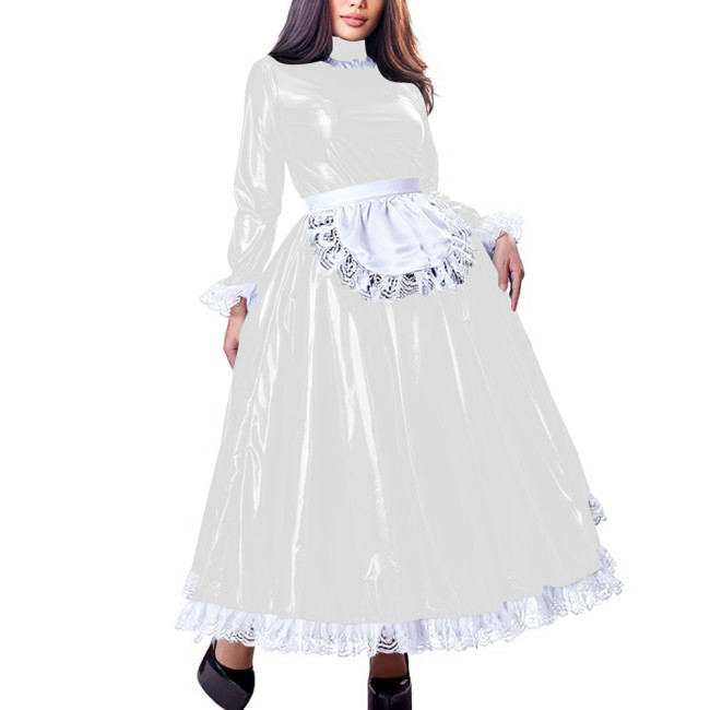 Sissy Sweet High Neck Long Sleeve Maxi Maid Dress with Lace Trim Shiny PVC Leather A-line French Maid Uniforms Halloween Cosplay