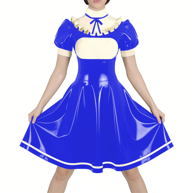 Fetish Latex-look PVC French Mid Maid Dress Puff Short Sleeve Ruffle High Collar Party A-Line Dress Halloween Cosplay Outfit