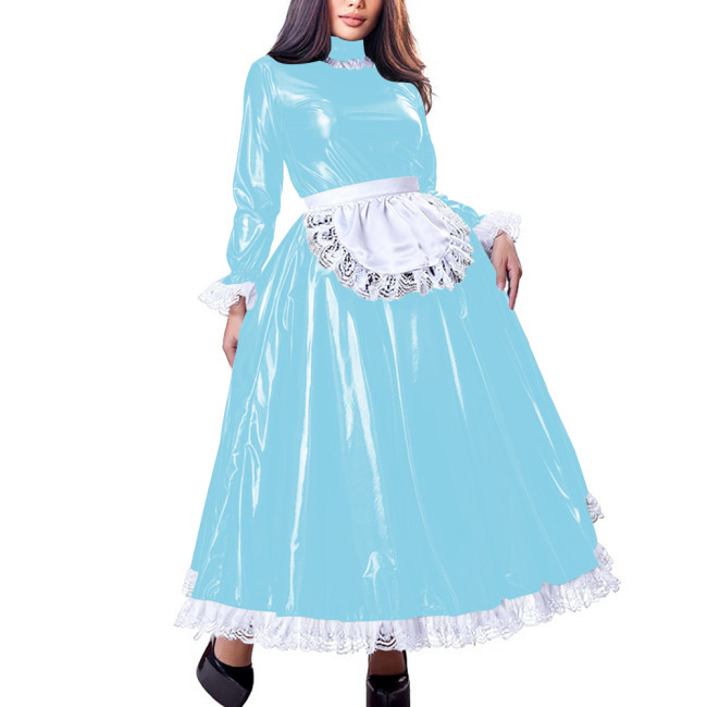 Sissy Sweet High Neck Long Sleeve Maxi Maid Dress with Lace Trim Shiny PVC Leather A-line French Maid Uniforms Halloween Cosplay