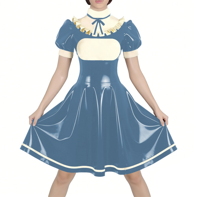 Fetish Latex-look PVC French Mid Maid Dress Puff Short Sleeve Ruffle High Collar Party A-Line Dress Halloween Cosplay Outfit