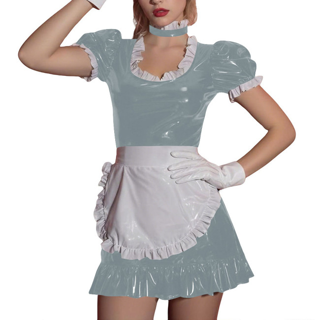 Women Sissy Ruffles Maid Uniforms Lockable French PVC Shiny Leather Maid Dress Outfits Crossdress Party Club Roleplay Costume