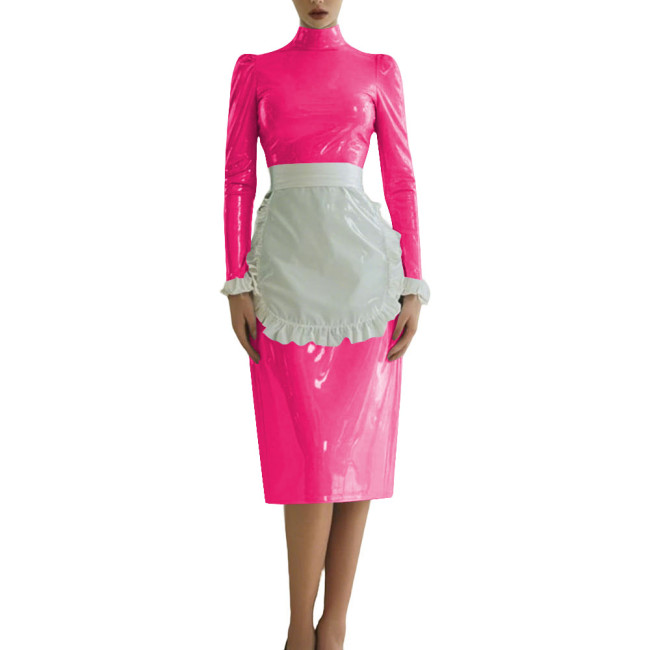 Sissy Shiny French Maid Cosplay Outfit Long Sleeve PVC Glossy Leather Knee-length Maid Dress with Apron Fetish Cosplay Costume